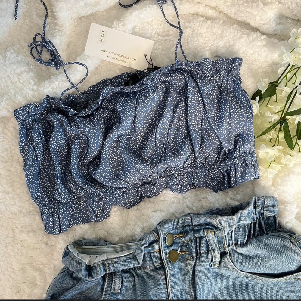 Cotton Candy LA Light Blue Smocked Camisole Top Tube Top Crop Top with Ruffle